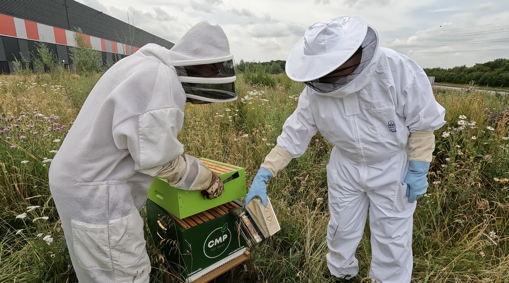 Visite du Rucher éco-responsable® à Amblainville  par les apiculteurs de com-l'abeille en combinaison